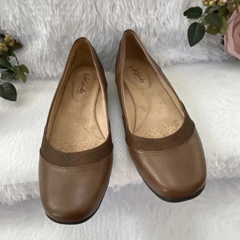 LifeStride Brown Ballet Flats Comfort Slip On Shoes Women’s US 9.5M Casual